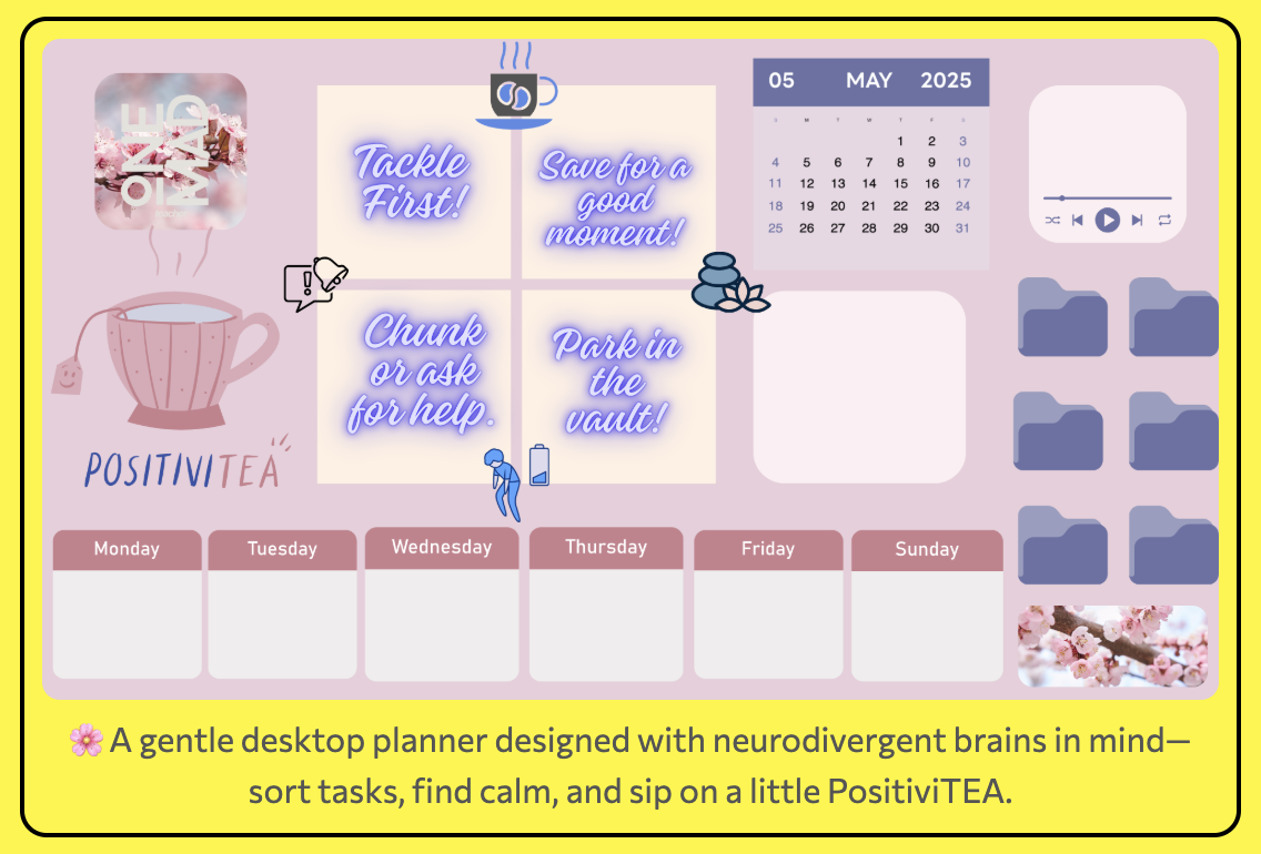 Neurodivergent-friendly pink desktop wallpaper for teachers with weekly planner, motivational labels, calendar, task folders, and calming visuals.